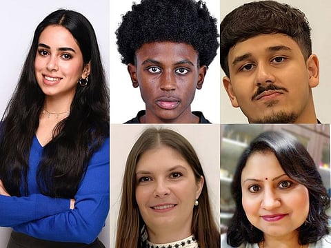 Fatma Saeed Al Slaich (left) and (clockwise) Obai Musa, Aadit Mukherjee, Richa Singh and Alina Radut