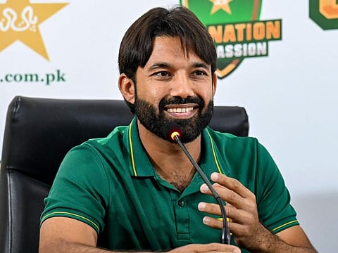 Newly appointed white-ball skipper Mohammad Rizwan addresses a press conference in Lahore on Sunday.