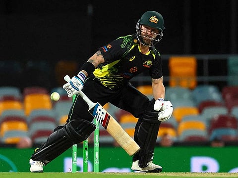 Australia's Matthew Wade plays a shot during the second cricket match of Twenty20 series between Australia and West Indies in Brisbane on October 7, 2022.