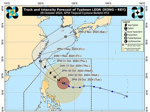 Typhoon Kong Rey, currently Category a 2/3 storm, is forecast to further gain strength bringing 173 km/h winds, with gusts up to 209 km/h. Weathermen predict the storm to intensify into a Category 5 typhoon, dumping heavy rain of over 150 cm in some areas. Peak Intensity is predicted late on Wednesday (October 30) or Thursday (October 31).