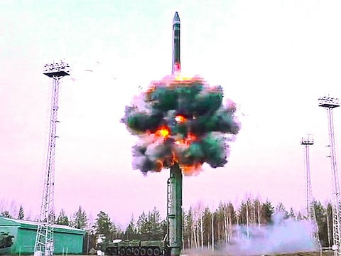 This grab from a handout footage released by the Russian Defence Ministry press service on October 29, 2024, shows the launch of a Yars intercontinental ballistic missile during drills of the strategic deterrence forces.