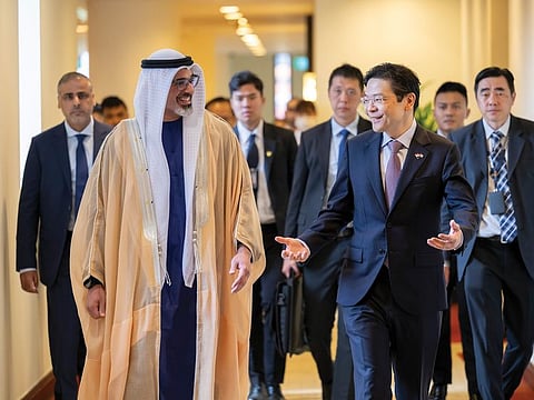 Khaled bin Mohamed bin Zayed, Crown Prince of Abu Dhabi, was received by Singapore’s Prime Minister Lawrence Wong at Singapore’s Parliament House on Tuesday