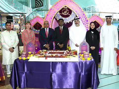 (centre) Satish Kumar Sivan, Indian Consul General in Dubai, with senior DDF representatives during the Diwali edition of the draw at Dubai International Airport on Wednesday