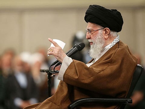 A handout picture provided by the office of Iran's Supreme Leader Ayatollah Ali Khamenei on October 27, 2024, shows him addressing the crowd during a meeting in Tehran.