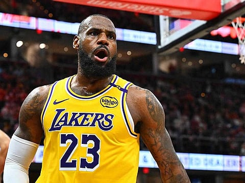 LeBron James of the Los Angeles Lakers reacts during the third quarter against the Cleveland Cavaliers, October 30, 2024.