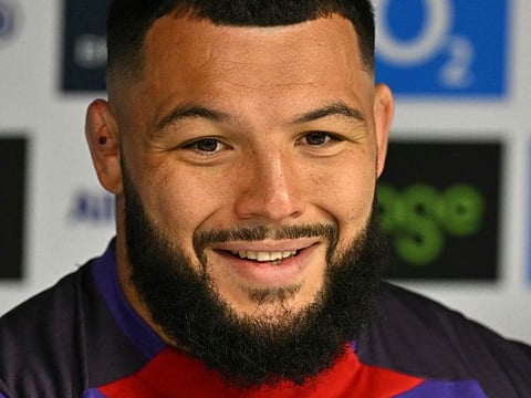 England's prop Ellis Genge smiles during a press conference at the Allianz Stadium in Twickenham on the eve of the clash against New Zealand.