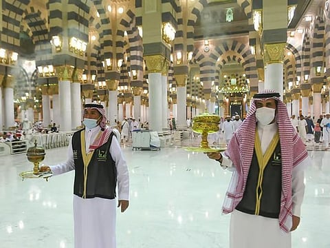 Perfuming rounds being carried out inside the Prophet's Mosque.