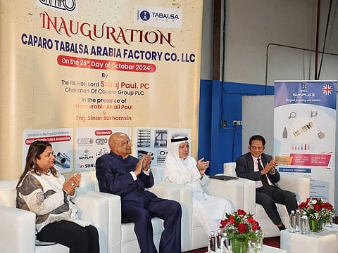 From Left: Anjli Paul, Director of Caparo ME, Swraj Paul PC, Founder of Caparo Group, Eng Sinan Ali Ahmed Bukamseen, Chairman of ETE Group of Companies, and Sonu S Thakur, CEO of Caparo ME, during the inauguration of the SR25 million factory in Dammam
