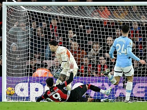 Bournemouth's striker Evanilson scores the team's second goal during the English Premier League football match against Manchester City at the Vitality Stadium in Bournemouth, southern England on November 2, 2024.