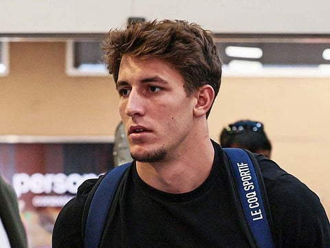French rugby player Oscar Jegou leaves the Aeroparque Jorge Newbery Airport in Buenos Aires on August 27, 2024.