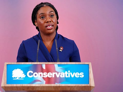 New leader of Britain's main opposition Conservative Party, Kemi Badenoch speaks after being announced as their new leader, in London on November 2, 2024.