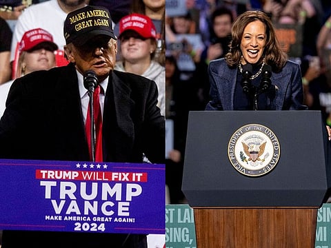 Former US President and Republican presidential candidate Donald Trump (left) at a campaign rally at Atrium Health Amphitheater in Macon, Georgia, on November 3, 2024. US Vice President Kamala Harris (right) during a campaign event at Jenison Field House at Michigan State University (MSU) in East Lansing, Michigan, US, on Sunday, November 3, 2024.
