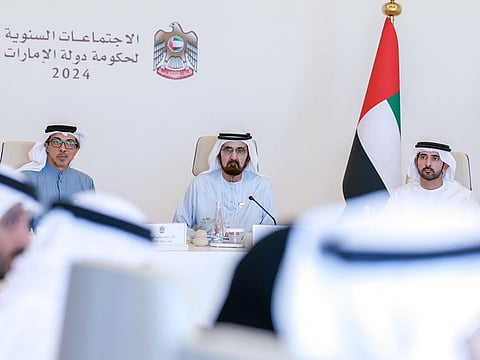 His Highness Sheikh Mohammed bin Rashid Al Maktoum, Sheikh Mansour bin Zayed Al Nahyan, and Sheikh Hamdan bin Mohammed bin Rashid Al Maktoum during the Cabinet meeting in Abu Dhabi on Monday