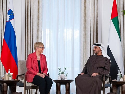 President His Highness Sheikh Mohamed bin Zayed Al Nahyan and Dr Nataša Pirc Musar of the Republic of Slovenia at Qasr Al Shati in Abu Dhabi on Monday