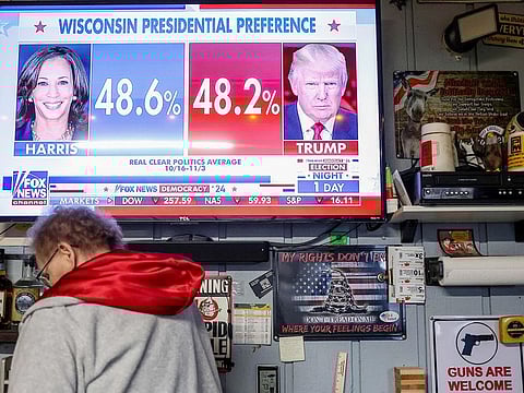 A poll for the US presidential election is seen on a television in the home of a supporter of former US president and Republican presidential candidate Donald Trump, in Horicon, Wisconsin, November 4, 2024 .