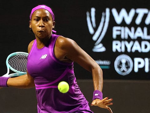 American Coco Gauff returns the ball to Poland's Iga Swiatek during their women's singles match at the WTA Finals Championship in Riyadh on Tuesday.