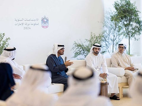 Sheikh Mohamed bin Zayed Al Nahyan, President of the United Arab Emirates, speaks during the UAE Government Annual Meetings. Seen with Sheikh Hamdan bin Mohamed Al Maktoum, Crown Prince of Dubai, UAE Deputy Prime Minister and Minister of Defence, and Sheikh Mansour bin Zayed Al Nahyan, UAE Vice President and Deputy Prime Minister.