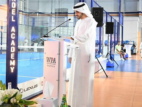 Ali Al Arif, Chief Executive Officer of World Padel Academy (WPA), delivers a speech at the inauguration of WPA’s first facility in Bahrain, in the presence of dignitaries and senior officials.
