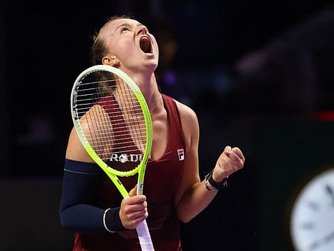 Czech Republic's Barbora Krejcikova celebrates after winning against American Coco Gauff during their women's singles match in the WTA Finals Championship in Riyadh on Thursday.