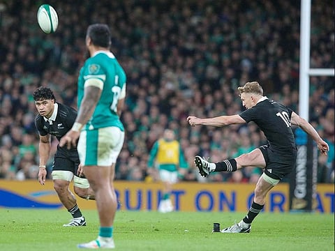 New Zealand's fly-half Damian McKenzie kicks a penalty during the International rugby union test match between Ireland and New Zealand at the Aviva Stadium in Dublin, on November 8, 2024.