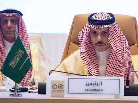 Saudi Minister of Foreign Afairs Faisal bin Farhan (right) chairing the Foreign Ministers Meeting of the Organisation of Islamic Cooperation and the Arab League, a day ahead of a joint extraordinary leaders summit in Riyadh.