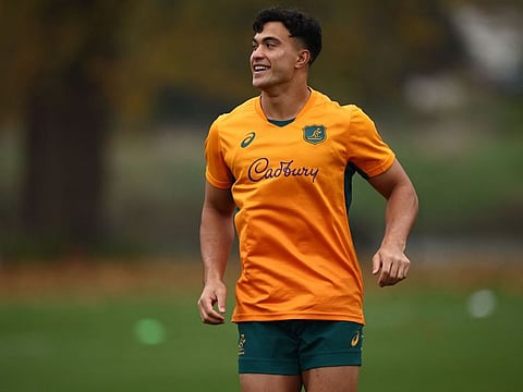 Australia's centre Joseph-Aukuso Suaalii reacts during the Captain's run training session at The Lensbury Hotel, in London, on November 8.