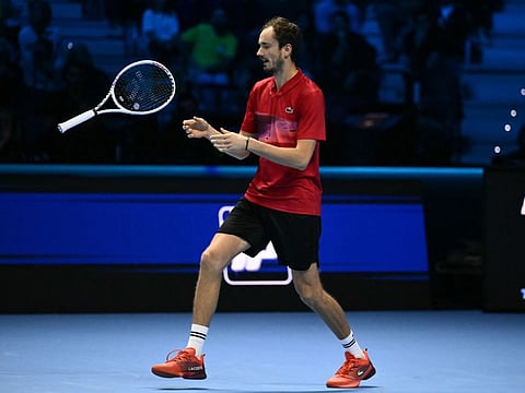 Russia's Daniil Medvedev reacts during his match against USA's Taylor Fritz at the ATP Finals tennis tournament in Turin on Sunday.