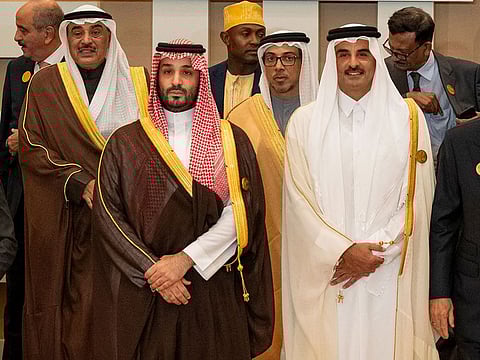 Sheikh Mansour bin Zayed Al Nahyan, UAE Vice-President and Deputy Prime Minister (second row centre), with Saudi Arabia’s Crown Prince Mohammed bin Salman during the summit in Riyadh on November 11, 2024.