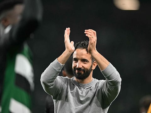 Sporting Lisbon's Portuguese coach Ruben Amorim wave to supporters at the end of the Uefa Champions League, league phase day 4 football match against Manchester City at the Jose Alvalade stadium in Lisbon on November 5.