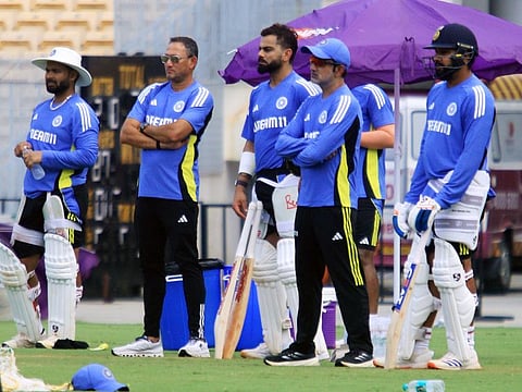 India's selection committee chief Ajit Agarkar, head coach Gautam Gambhir, captain Rohit Sharma and teammates Virat Kohli and Rishabh Pant during a practice session at M. A. Chidambaram Stadium in Chennai last month.