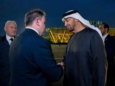 President His Highness Sheikh Mohamed bin Zayed Al Nahyan is received by Vugar Valeh oglu Mustafayev, Minister of Defence Industry of Azerbaijan, upon arriving at Heydar Aliyev International Airport in Baku, ahead of COP29