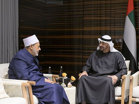 President His Highness Sheikh Mohamed bin Zayed Al Nahyan and Dr Ahmed El-Tayeb, the Grand Imam of Al Azhar, in Baku on Monday