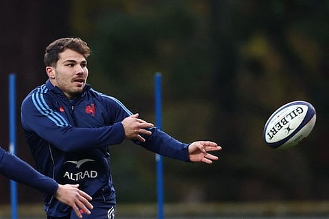 France's scrum-half Antoine Dupont takes part in a training session in Marcoussis, south of Paris, on Tuesday.