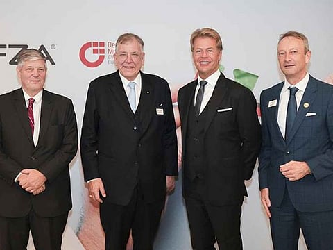 Left to right: Alexander Schönfelder, German Ambassador to the UAE; Senator a.D. Christoph Ahlhaus, Chairman of the Federal Executive Board of Der Mittelstand. BVMW e. V. and President of the European SME Association; Martin Pedersen, Chairman of IFZA, and Jochen Knecht, CEO of IFZA, at the BVMW office opening event in Dubai