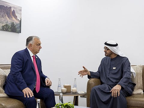 President His Highness Sheikh Mohamed bin Zayed Al Nahyan with Viktor Orbán, Prime Minister of Hungary, at COP29 in Baku on Tuesday