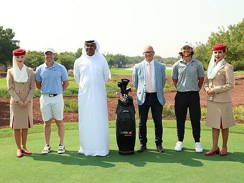 Rory McIlroy (from left), Nabil Sultan, Divisional Senior Vice-President, Emirates, Guy Kinnings and Tommy Fleetwood.