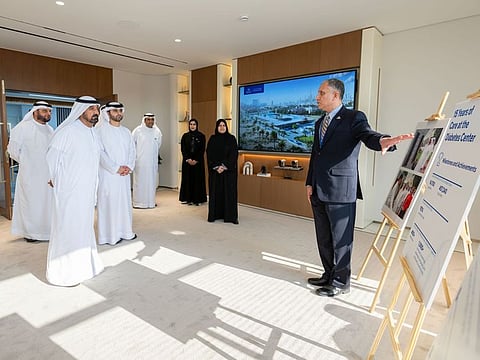 Sheikh Ahmed bin Saeed Al Maktoum and Sheikh Mansoor bin Mohammed bin Rashid Al Maktoum review plans for the Centre, which were approved during a Dubai Health meeting on Wednesday