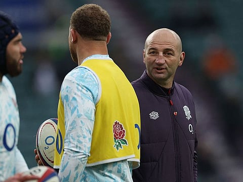 England's head coach Steve Borthwick (R) chats with his players ahead of the Autumn Nations Series International rugby union test match between England and Australia at the Allianz Stadium, Twickenham in south-west London.
