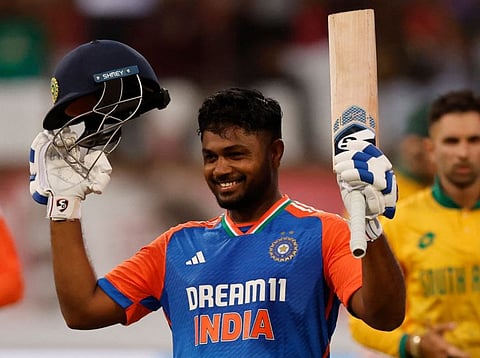 India's Sanju Samson celebrates after reaching his century during the first T20 international against South Africa last Friday.