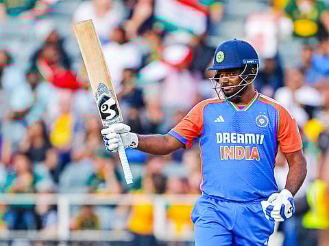 India’s Sanju Samson celebrates his century during the fourth T20I against South Africa, at Wanderers Stadium in Sandton, South Africa, on November 16, 2024.