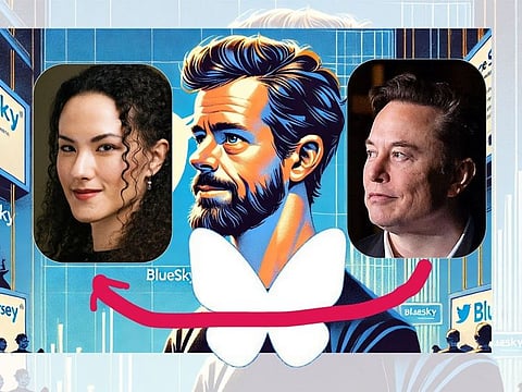 Twitter founder and former CEO Jack Dorsey (centre), with Bluesky CEO Jay Graber (left), and Elon Musk.