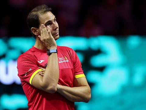 Spain's Rafael Nadal gets emotional as he attends a tribute to his career during the Davis Cup Finals at the Palacio de Deportes Jose Maria Martin Carpena arena in Malaga, southern Spain, on Tuesday.