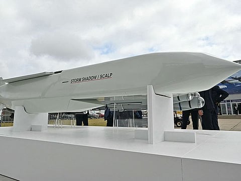 File photo: A Storm Shadow/SCALP long-range air-launched cruise missile is displayed at European missile maker MBDA's display stand, on the opening day of the Farnborough International Airshow 2024, south west of London, on July 22, 2024.