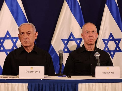 Netanyahu (left) and Gallant at a press conference in the Kirya military base in Tel Aviv on October 28, 2023.