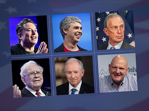 Studies show that beyond earning potential, university education significantly impacts career paths, leadership opportunities, and overall business achievements. Clockwise, from top left: Elon Musk, Larry Page, Michael Bloomberg, Steve Balmer, Stephen Schwarzman and Warren Buffett.