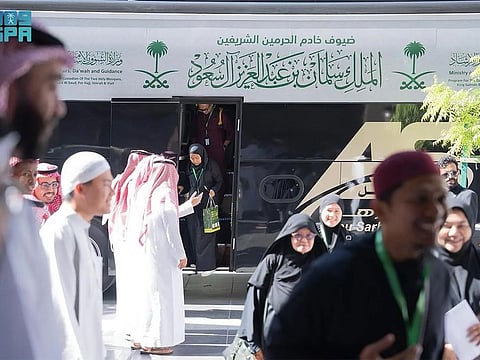 The first batch of pilgrims hosted by Saudi King Salman arrive at Prince Mohammed bin Abdulaziz International Airport in Medina.