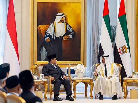 President His Highness Sheikh Mohamed bin Zayed Al Nahyan and Prabowo Subianto, President of the Republic of Indonesia, at Qasr Al Watan in Abu Dhabi on Saturday