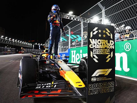 F1 World Drivers Champion Max Verstappen of the Netherlands and Oracle Red Bull Racing celebrates in parc ferme during the F1 Grand Prix of Las Vegas at Las Vegas Strip Circuit on Sunday.