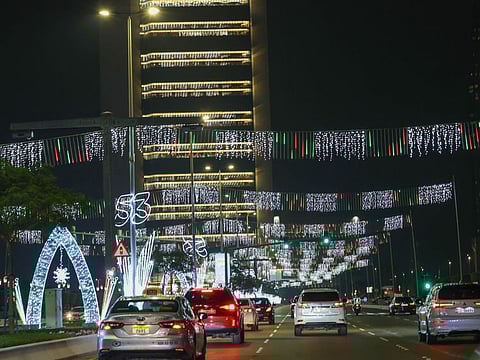 Eid Al Etihad decoration lights at Corniche in Abu Dhabi