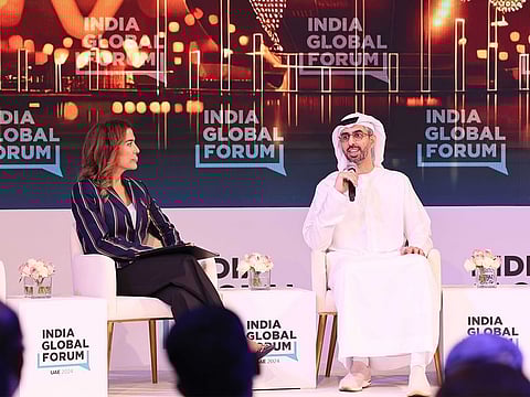 Omar Sultan Al Olama, Minister of State for Artificial Intelligence, Digital Economy, and Remote Work Applications speaking at the on the opening day of the India Global Forum’s (IGF) flagship Middle East & Africa 2024 (ME&A 2024) on Monday, held at Dubai’s Taj Hotel Business Bay